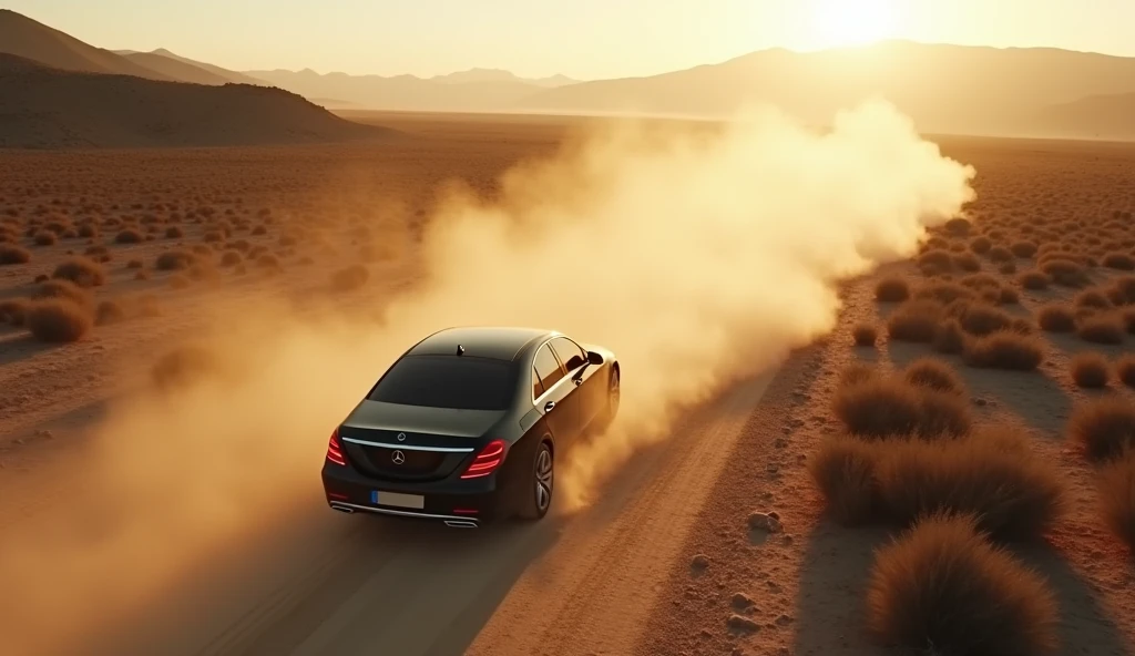 ek dhul bhare raste se ek Mercedes s class jati hui dhul urati drone shot