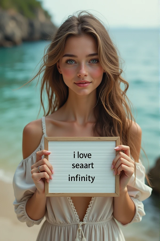 Beautiful girl with wavy long hair, bohemian dress, holding a white board with text "I Love Seaart Infinity" and showing it to the viewer