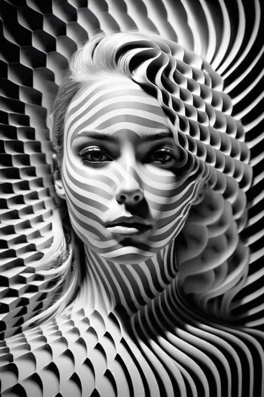Woman with black and white pattern on her face, Stunning digital art, Complex digital art, 3D digital art, 3D digital art, Complex digital artwork, Advanced 3D Digital Art, Stunningly detailed digital art, Digital Complex Art, 详细的 3D digital art, Stunning digital art, 4k symmetrical portrait, 4k symmetrical portrait