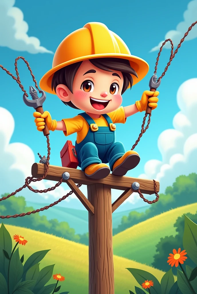Cartoon electrician on pole