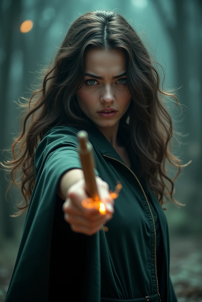 A woman with dark brown wavy hair pointing her wand to the screen and showing pain on her face