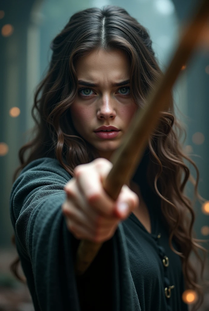 A woman with dark brown wavy hair pointing her wand to the screen and showing pain on her face