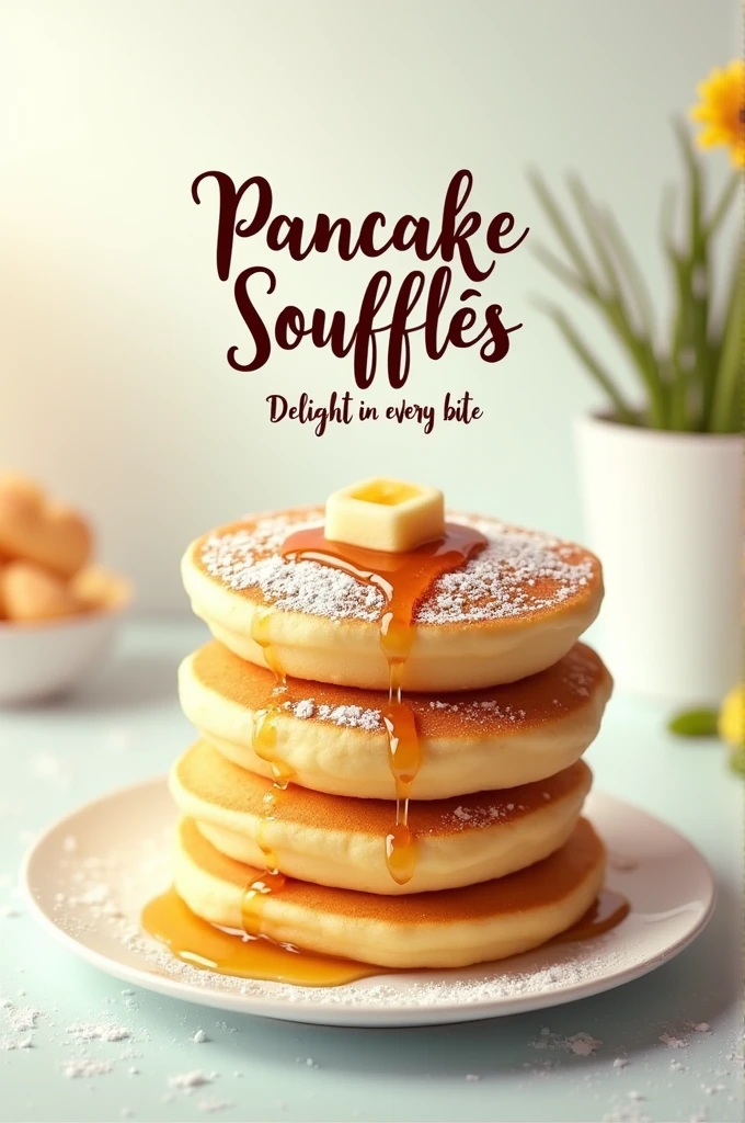 

"A visually appealing poster promoting &#39;Pancake Soufflés&#39;. The design features a stack of fluffy, golden pancake soufflés, topped with a light dusting of powdered sugar and a touch of maple syrup. The background is light and airy, with subtle pastel colors that complement the pancakes. On top, The title &#39;Pancake Soufflés&#39; is written in an elegant, handwritten font, while at the bottom, A small banner displays the text &#39;Delight in Every Bite&#39;. The overall aesthetic is modern and welcoming, focusing on the delicious and unique texture of pancake soufflés."
