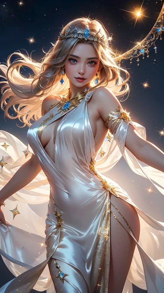 (masterpiece、Highest quality、High resolution、8K、16K)、((Alone  space、Beautiful Goddess、  the sky like a star))、((whole body))、Golden Cape、White long dress、No sleeve、Adorned with vibrant jewels、Gold Bracelet、Blonde middle、Beautiful brown eyes、A kind smile、Mouth closed、Elegant and detailed face、Graceful operation、Place one hand under your chest、Professional Lighting、Seductive pose,The chest is slightly visible,Large breasts sagging due to gravity,  Spread your legs,