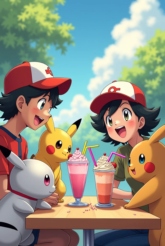 pokemon characters sitting at a table with a milkshake in front of them, pokemon anime style, official art, pokemon art style, misty from pokemon, pokemon style, illustration pokemon, drink milkshakes together, in pokemon comic, for pokemon red and blue, promotional art, ash ketchum, pokemon trainer, pokemon, anime food, official artwork, pokémon, official anime artwork