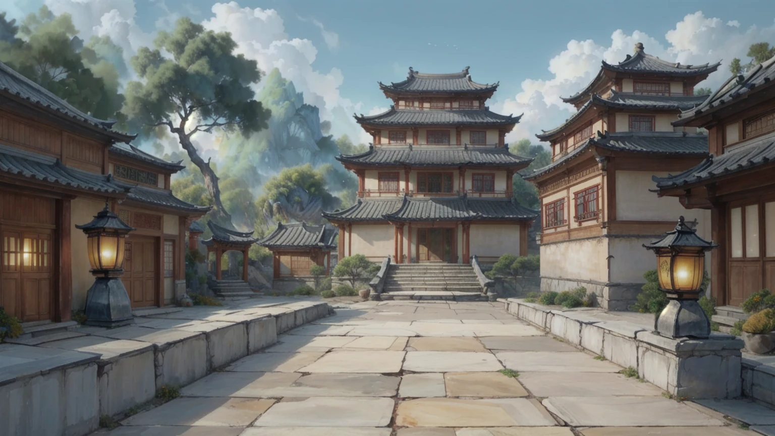 中国Ink画,  masterpiece , best quality, Ink画，Guo Chao，Ink，（Xianxia scene，Fantasy fairyland scene，Pavilions，architecture具有东南亚特色，cloud雾缭绕：1.5），outdoor，Sky，daytime，cloud，Tree，Blue sky，nobody，window，plant，architecture，landscape，lantern，stairs，Potted plants，architecture，东亚architecture，landscape