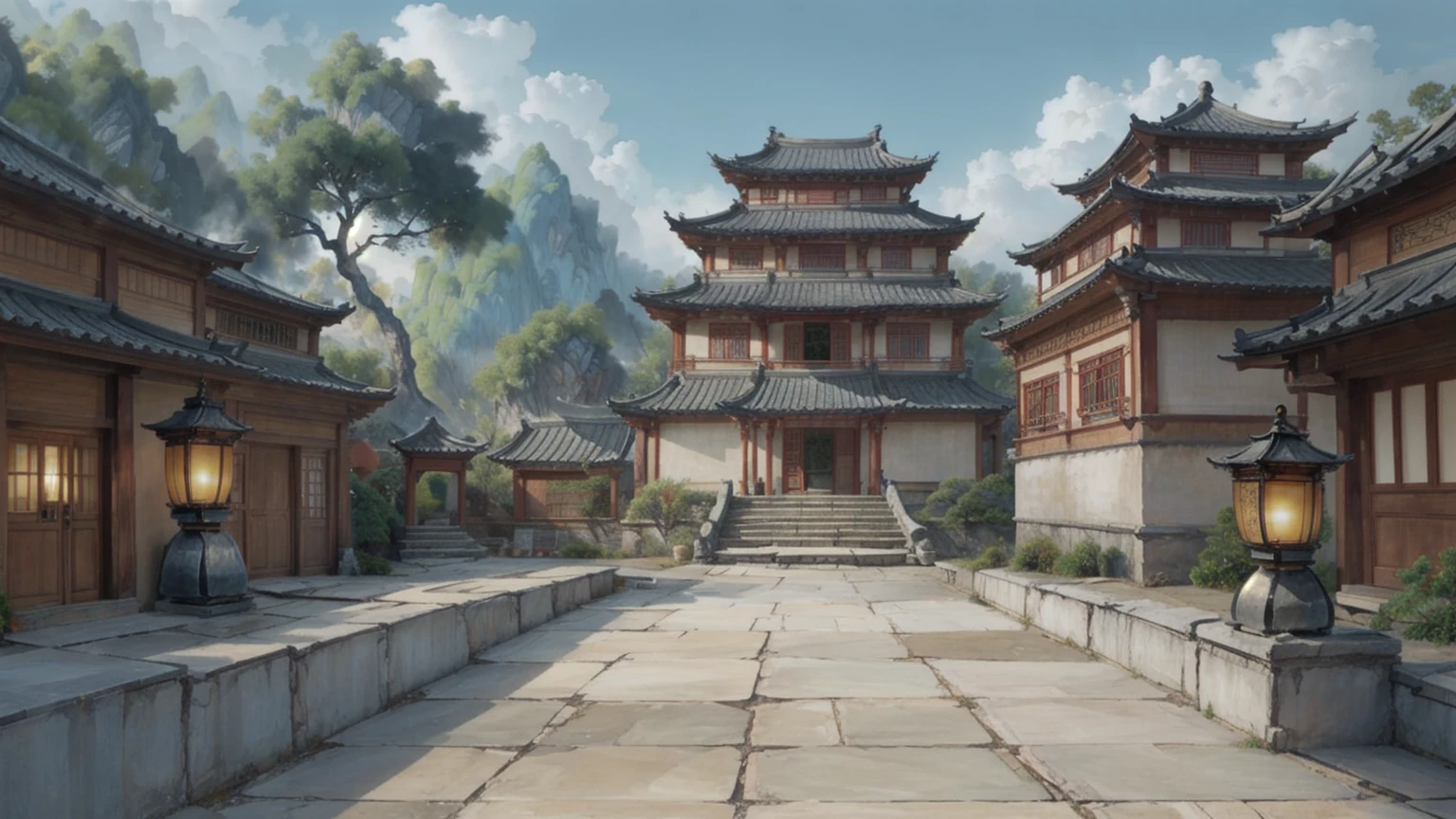 中国Ink画,  masterpiece , best quality, Ink画，Guo Chao，Ink，（Xianxia scene，Fantasy fairyland scene，Pavilions，architecture具有东南亚特色，cloud雾缭绕：1.5），outdoor，Sky，daytime，cloud，Tree，Blue sky，nobody，window，plant，architecture，landscape，lantern，stairs，Potted plants，architecture，东亚architecture，landscape