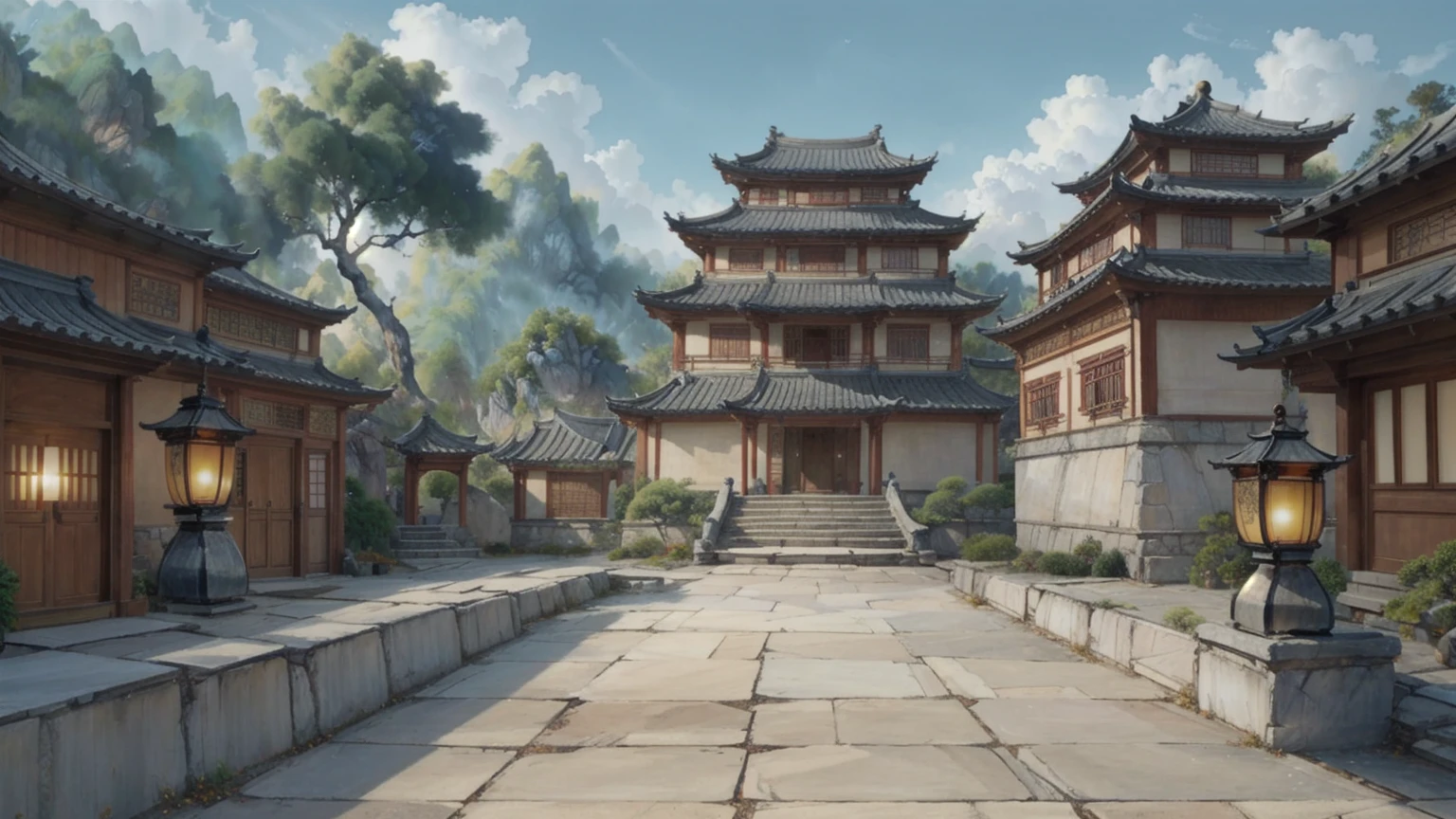 中国Ink画,  masterpiece , best quality, Ink画，Guo Chao，Ink，（Xianxia scene，Fantasy fairyland scene，Pavilions，architecture具有东南亚特色，cloud雾缭绕：1.5），outdoor，Sky，daytime，cloud，Tree，Blue sky，nobody，window，plant，architecture，landscape，lantern，stairs，Potted plants，architecture，东亚architecture，landscape