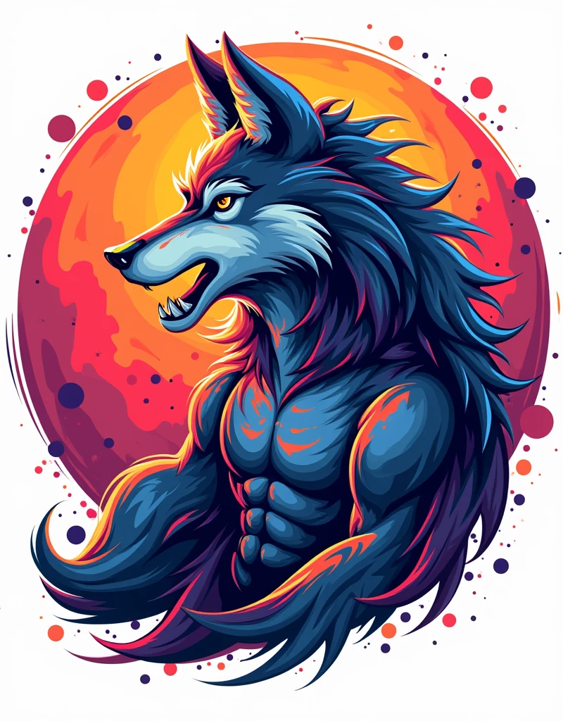 A realistic fitness wolf design svg, colourful, punchy colour, vibrant colours, puff design, printable design, in the circle, abstract colours, full colourful,