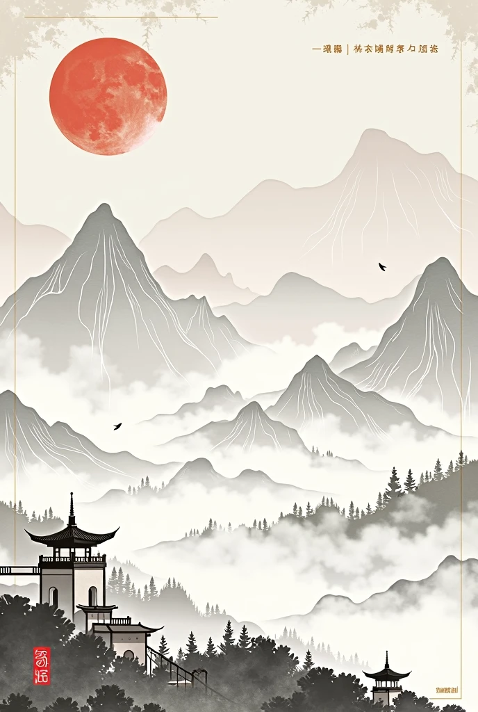 Chinese style,Mountain,cloud,architecture,abstract,Ink Painting,Elegant