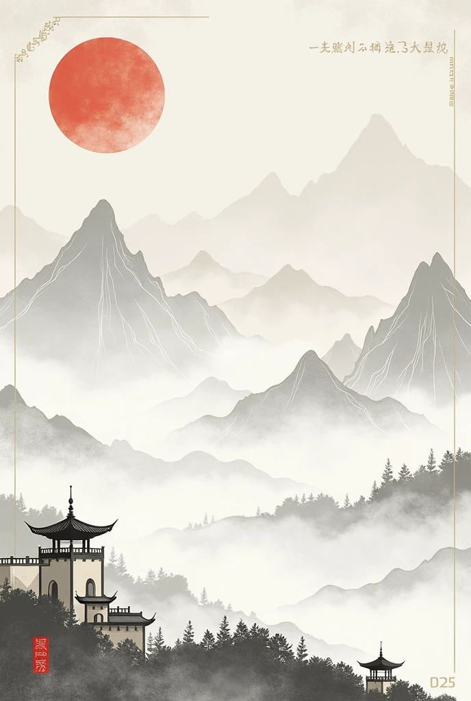 Chinese style，Mountain，cloud，architecture，abstract，Ink Painting，Elegant