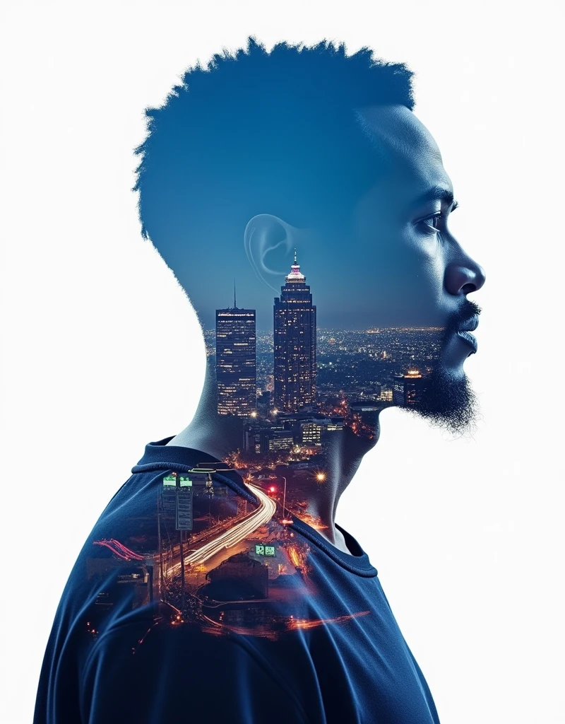 Innovative double exposure artwork depicting an African man, side shot, full of bustling Johannesburg at night, Blue and purple tones, Ultra high resolution 32K, White background