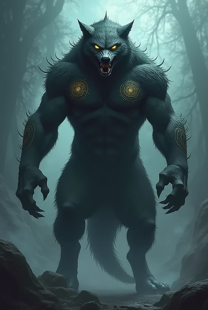 "Create an image of a powerful monster known as the Dreamhowler. This monster is a hybrid between a human and a wolf, standing about 2.5 meters tall. The head of the monster should resemble a fierce wolf, with glowing yellow eyes and sharp teeth. The body is muscular and covered with thick, dark fur, which may have intricate patterns, increasing the energy radiating from both the left and right sides of the back. The monster may have intricate magical symbols on its skin, such as intricate circles. The monster should emit an aura of fear and grandeur, reflecting the control of nightmares and dreams."