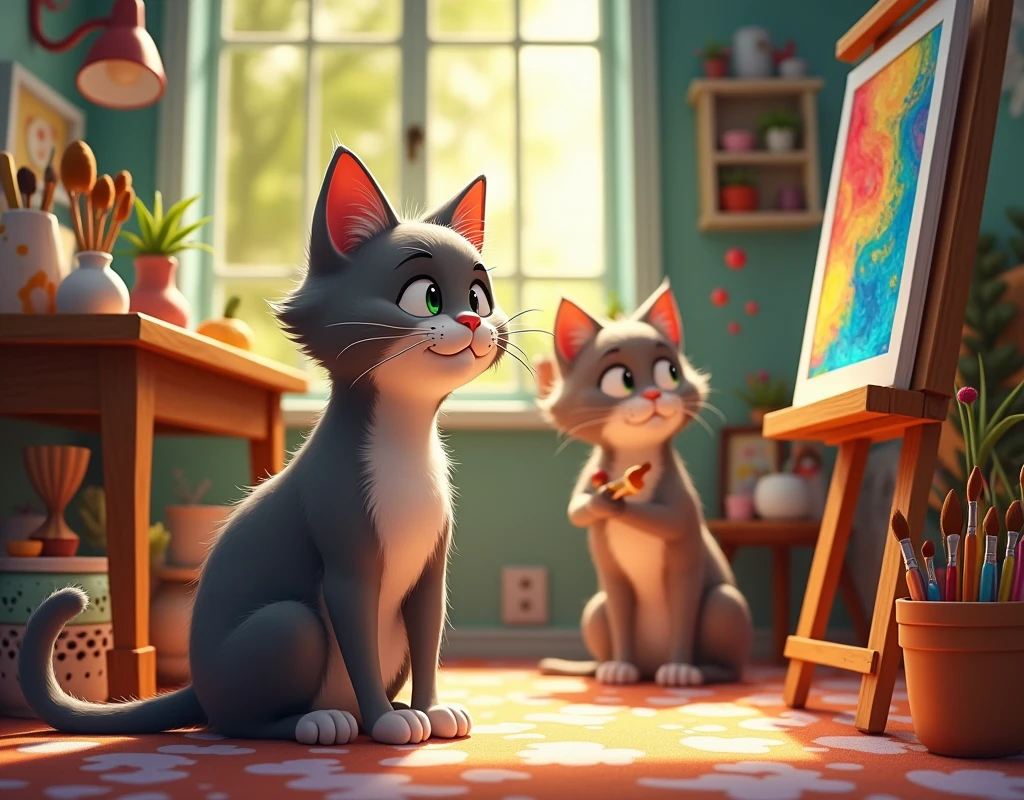 I’m cat Whiskers, and I live in a cozy little house with my mom, Mrs. Tabby. She’s the best! She’s always painting these amazing pictures in her special room, the studio. I love watching her work, but there’s one rule I have to follow: no touching the paints. I try to be good, but it’s so hard when those colorful tubes and brushes are just sitting there!