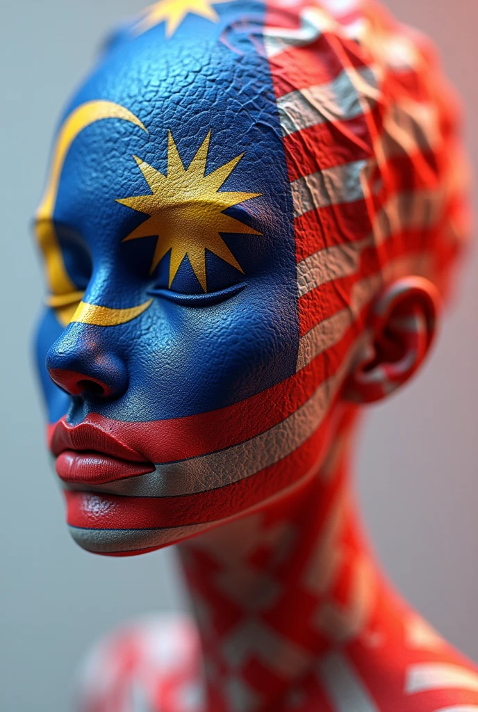 3d malaysian flag logo,repeated pattern,highly detailed,vibrant colors,realistic lighting,masterpiece,(best quality,4k,8k,highres,masterpiece:1.2),ultra-detailed,(realistic,photorealistic,photo-realistic:1.37),photorealistic,3D render,canvas,dynamic composition,studio lighting,physically-based rendering,extreme detail description,professional,vivid colors,bokeh. Human face underneath