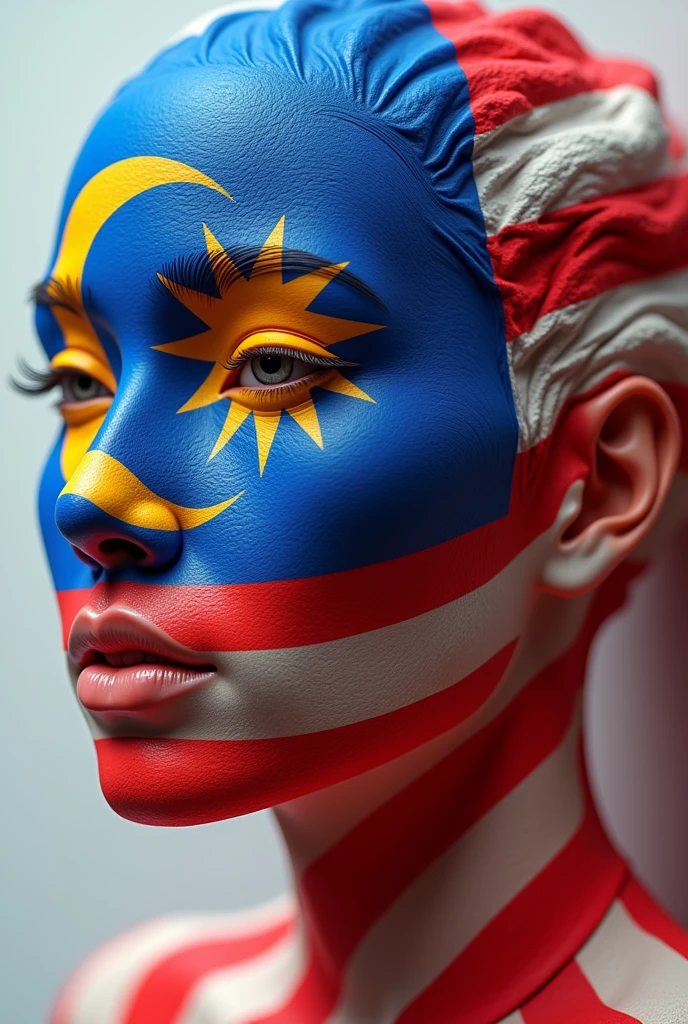 3d malaysian flag logo,repeated pattern,highly detailed,vibrant colors,realistic lighting,masterpiece,(best quality,4k,8k,highres,masterpiece:1.2),ultra-detailed,(realistic,photorealistic,photo-realistic:1.37),photorealistic,3D render,canvas,dynamic composition,studio lighting,physically-based rendering,extreme detail description,professional,vivid colors,bokeh. Human face underneath