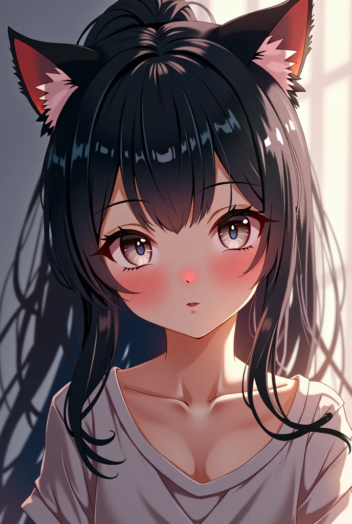 One person, Long Hair, Blushing, Black Hair, ponytail, Cat ear, Feet out of frame, Highest quality, 