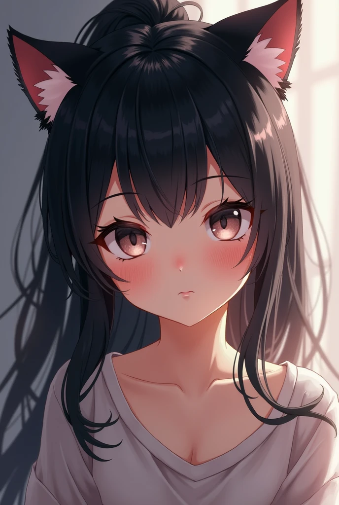 One person, Long Hair, Blushing, Black Hair, ponytail, Cat ear, Feet out of frame, Highest quality,