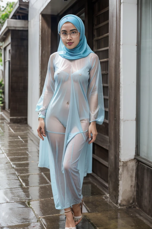 All transparent plastic muslimah clothes, a glamour young sexy beautiful sweet sundanese Bogor city girl, twenty five years old, slim sexy body, very georgeus cute face, wearing wet transparent one layer very thin plastic uncolor hijab, all her hairs and ears covered under her hijab, her hairs exposed visible trough her transparent hijab,wearing wet transparent one layer thin plastic Indonesian gamis, no underwears, no panty, no bra, standing straddeled eroticaly spreading her legs lean to the wet wall, she want to go to the neighbourhood meeting, all her body are wet, buat there is something happen that she is shivering very limp as being having sex in the hard rain on the Bogor city street side walk, rain drops are visible, waters flowing down through all the thing, all her naked body and her dense hairy very wet vagina exposed visible through her transparent Indonesian gamis, enjoying being having sex orgasm redish face, open wide mouth, head being limp backwards, being take a deep breath hardly through her mouth, half closed eyes, her eyes turn upwards, realistic normal fingers, wearing wet glasses, wearing expencive high heels, carrying an expencive hand bag, semi naked, semi nude, 4k, this picture taken using DSLR camera, her pale skins and face exposed very detail, her hairy vagina exposed very detail, no makeup on her face,