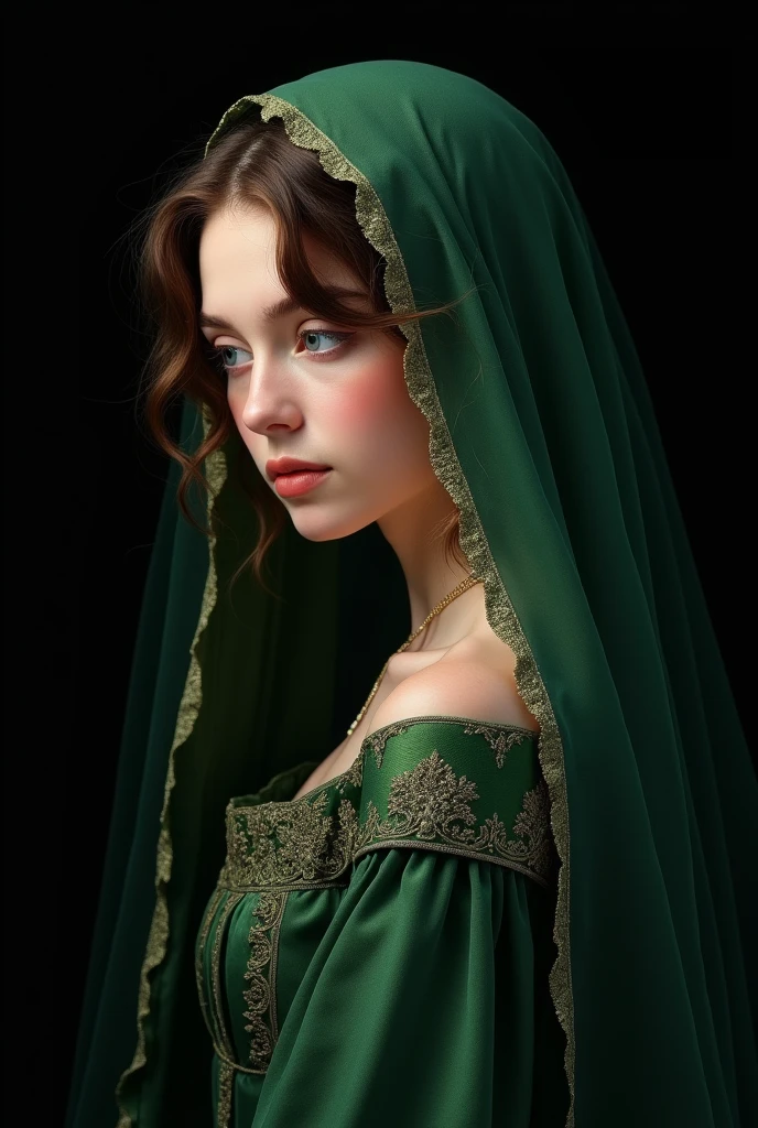 sargent painting. Photorealism、(black background!!!!!), Highest quality、Ultra-high resolution、The most beautiful!!!! pretty!!!!! gorgeous!!!!! young!!!!! !!!! yeirl、(very extremely!!!!!! beautiful!!!!!!! highly detailed 16!!!!!!! year old yium size Breasts、thin .(Translucent white!!!!! skin!!!!!). german!!!!!, Big bright blue eyes. brown hair. (she is looking down!!!!), (body half in shadow!!!!!!). ( beautiful detailed dark!!!!!_green!!!!! gown!!!!! with golden details). (beautiful detailed dark!!!!!_green!!!! veil!!!!!! over head with golden details and lots of folds!!!), (bright topdown!!!!!! light!!!!!), (dark shades!!!!!!), contrapposto!!!!!!!!!!!!!!!!!, (receding into the dark!!!!!!!!!!!!). (tiny!!!!!!! waist!!!!!!!!!)