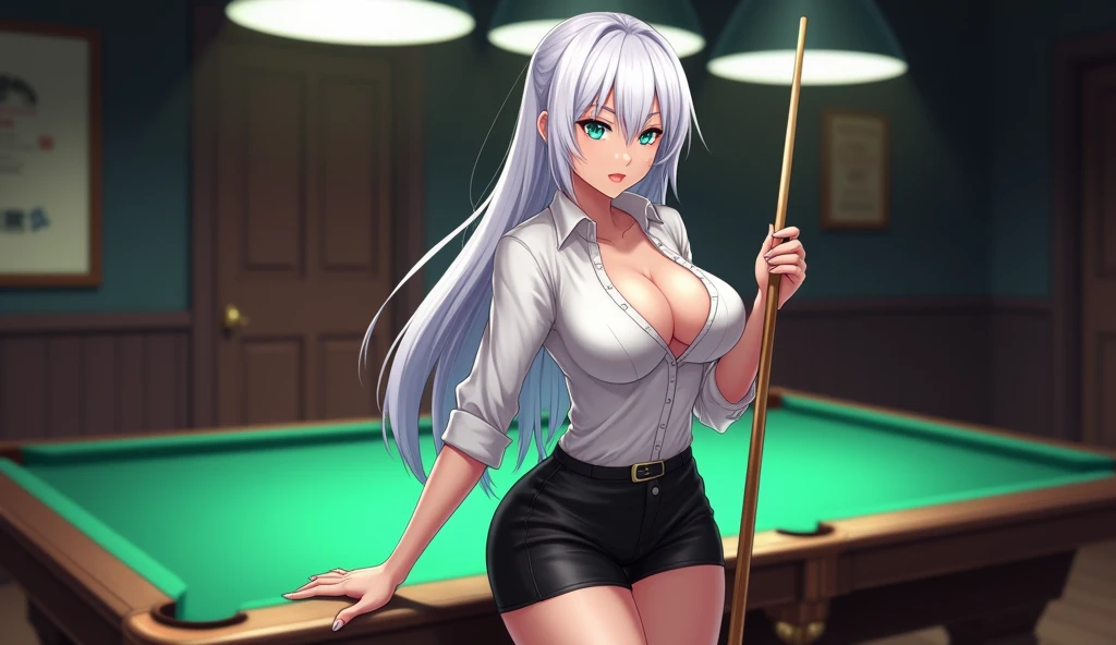 Anime Woman with huge breasts holding a cue stick standing next to a pool table seductively wearing a white half button down shirt with a very short black skirt full body with perfect hands white hair with aqua eyes