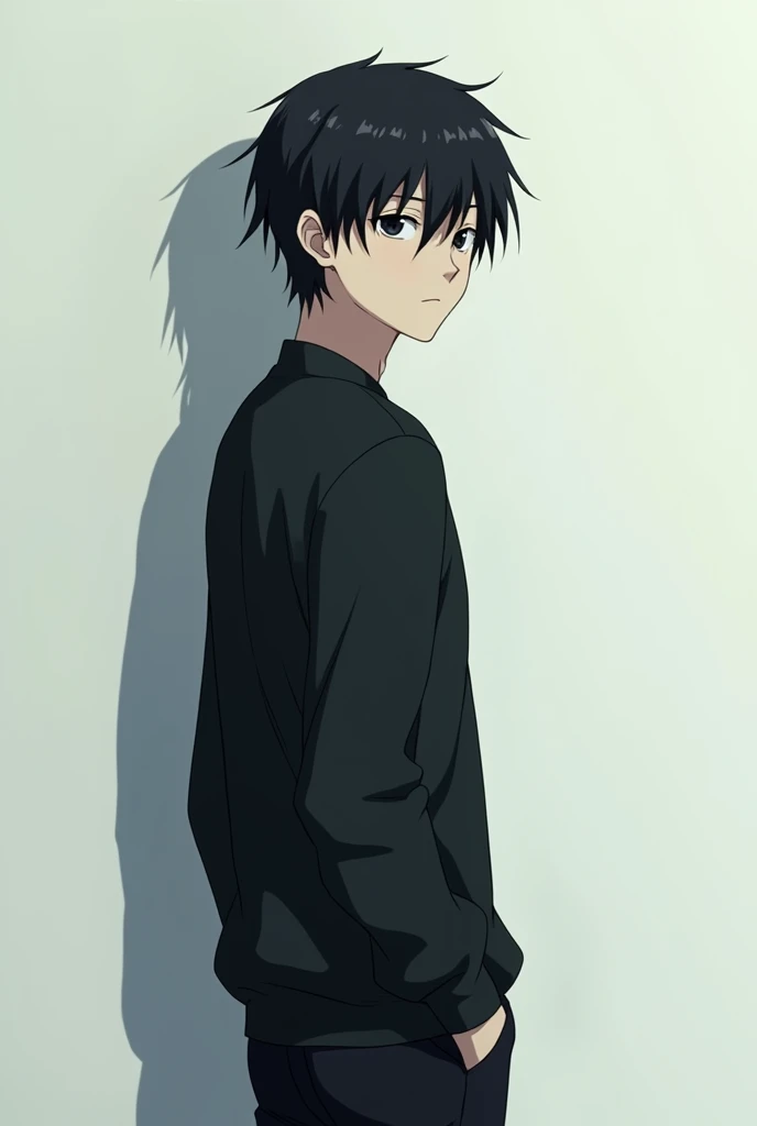 The image is in the style of a Ghibli studio anime., although somewhat gloomy and adult, A 20-year-old young man appears in it. He is standing in front of a white wall, He is seen almost turned on his back, He has medium-long hair and black eyes.. He appears serious. He is wearing a black sweater and black pants.