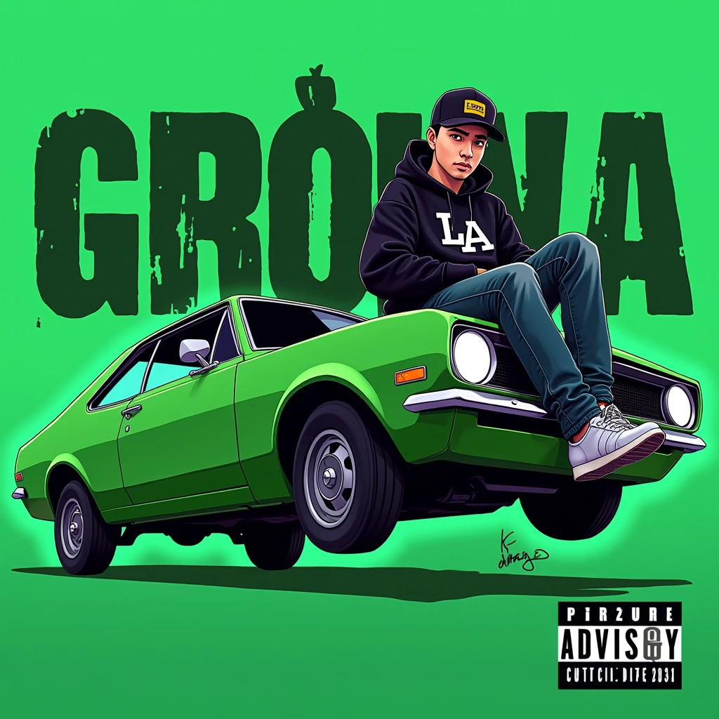 Image of a man sitting on the bonnet of a car, Yoshihiko Wada's album cover, winner of the behance contest, Doodle, official artwork, rap album cover, hip - hop album art cover, colored album art, hip hop music album cover, rap album cover art, official fanart, GTA Cover, hip hop album cover, album art cover, G-FUNK Hip Hop album cover, green background, green car, with the words 'If WONA behemes a gangster' on the back of the picture, an Asian teenager wearing a black LA hoodie, a black LA ball cap with a deep press and a wide pair of jeans down, a troublemaker boy sits on the bonnet of a car and lets the car out to the side