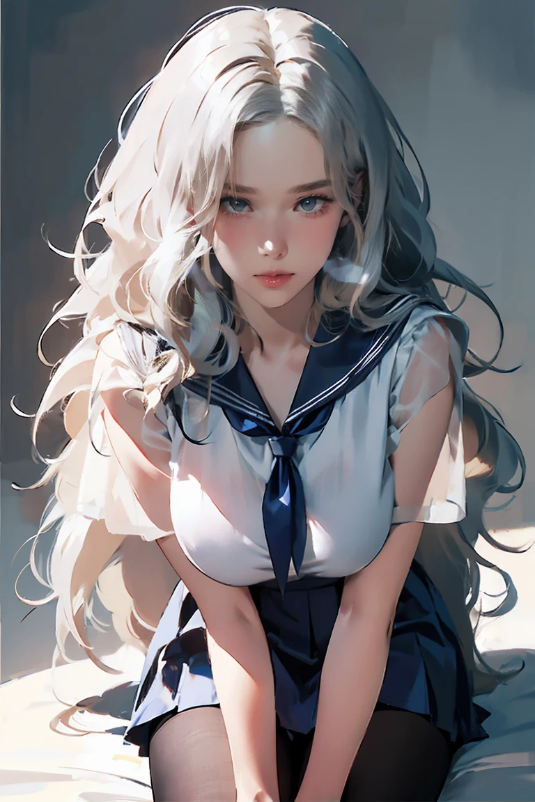 ((See-through)), (Sailor collar uniform), shirt, Pleated skirt, (Black Pantyhose), [:(Detailed face:1.2):0.2], RAW Photos, (masterpiece), (Highest quality), High resolution, (Realistic, photo-Realistic:1.2), Super detailed, Physically Based Rendering, One person, Air Van, Long Hair, (Silver Hair), Wavy Hair, (Large Breasts),