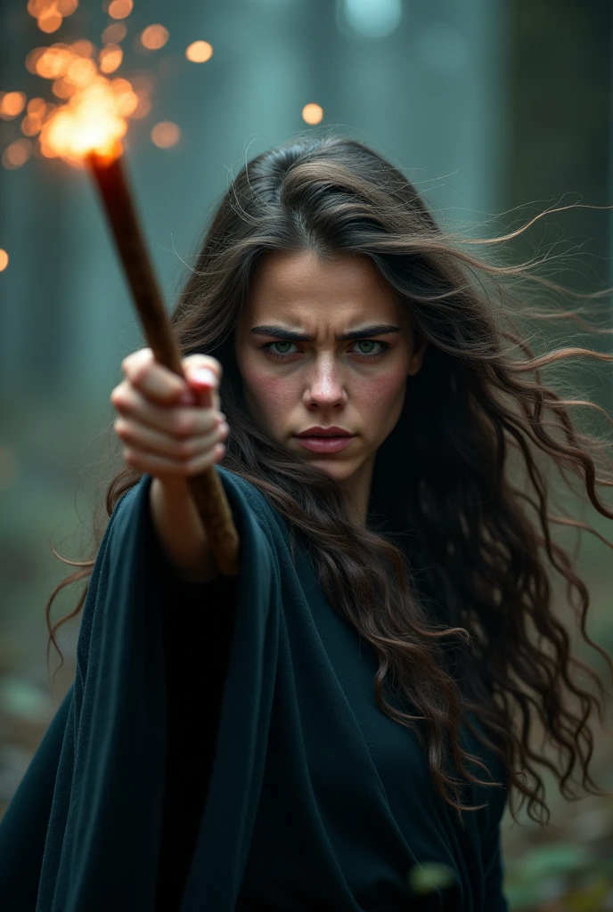 A woman with dark brown wavy hair pointing her wand to the screen and showing pain on her face