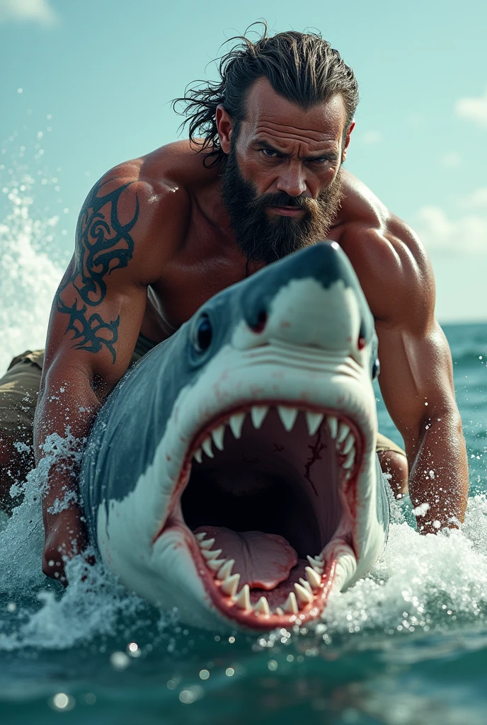 Strong light-skinned man who fought the shark by riding a tiger shark with blood and wounds, The man&#39;s face should be very clear and he should have a slightly grown beard and should be in portrait form. 