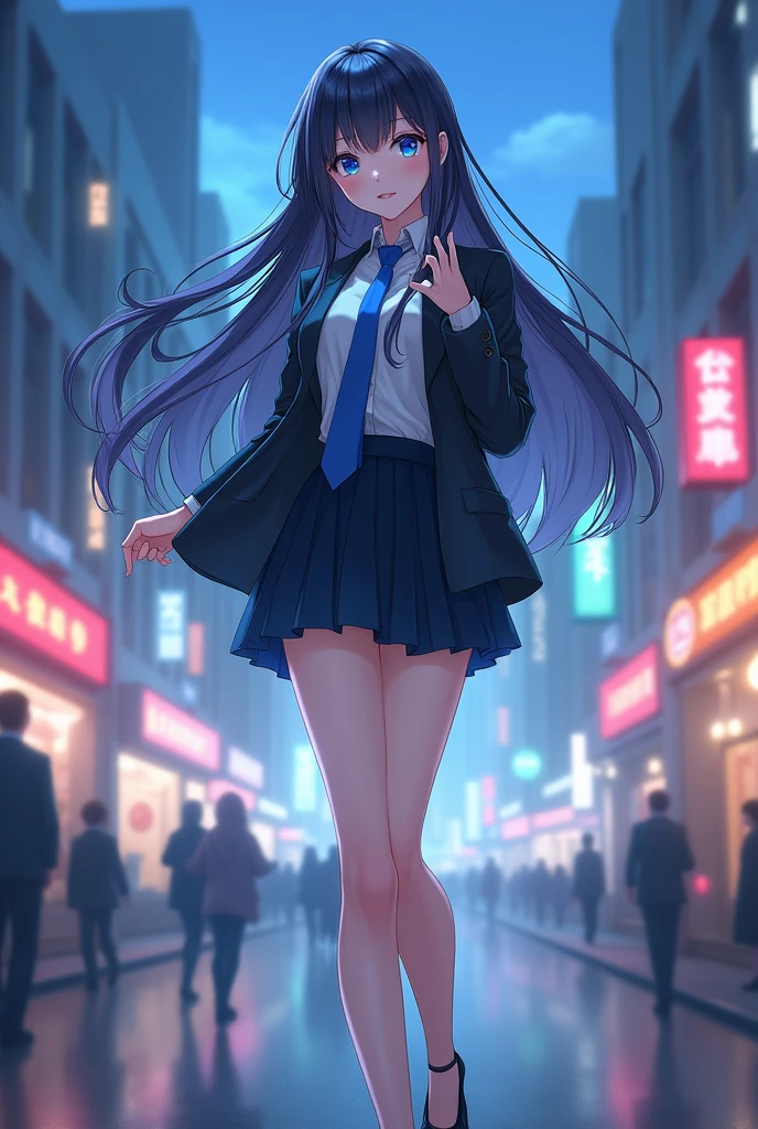 Anime girl standing on a city street with long hair and blue eyes., Trending on artstation pixiv, purple eyes, Blue tie, beautiful (Detailed eyes, detailed face,) Ahegao, Yuladev, Noble emotions, high-heels, No watermark