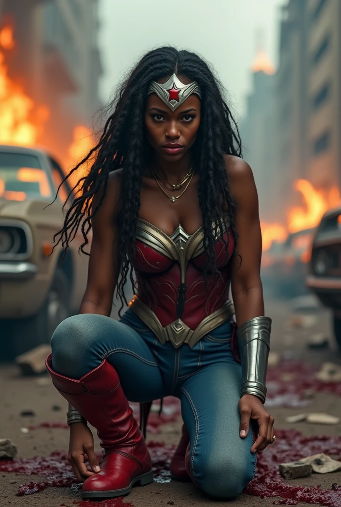 A beautiful black-skinned woman with long black hair and dreadlocks under the mantle of the Amazon warrior Wonder Woman, a red corset and blue leggings fitted to her statuesque body, silver bracelets, a silver diaema with a red star on her forehead, on her knees, screaming exhausted after an extensive battle, blood around her, bloody images in an apocalyptic city, cars on fire 