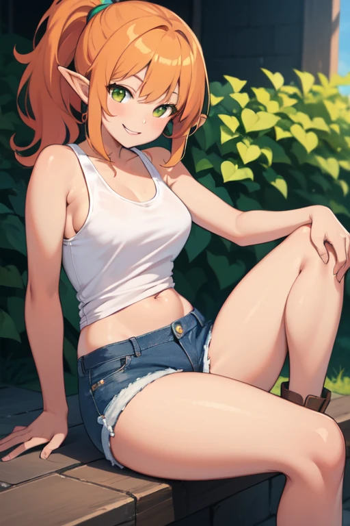 (High definition) (masterpiece), Young elf girl, wide hips, small breasts, slender body, big thighs, beautiful legs, medium orange hair, tanned skin, green eyes, wearing white tank top, jeans shorts, with ponytail, brown boots, relaxed pose, smiling