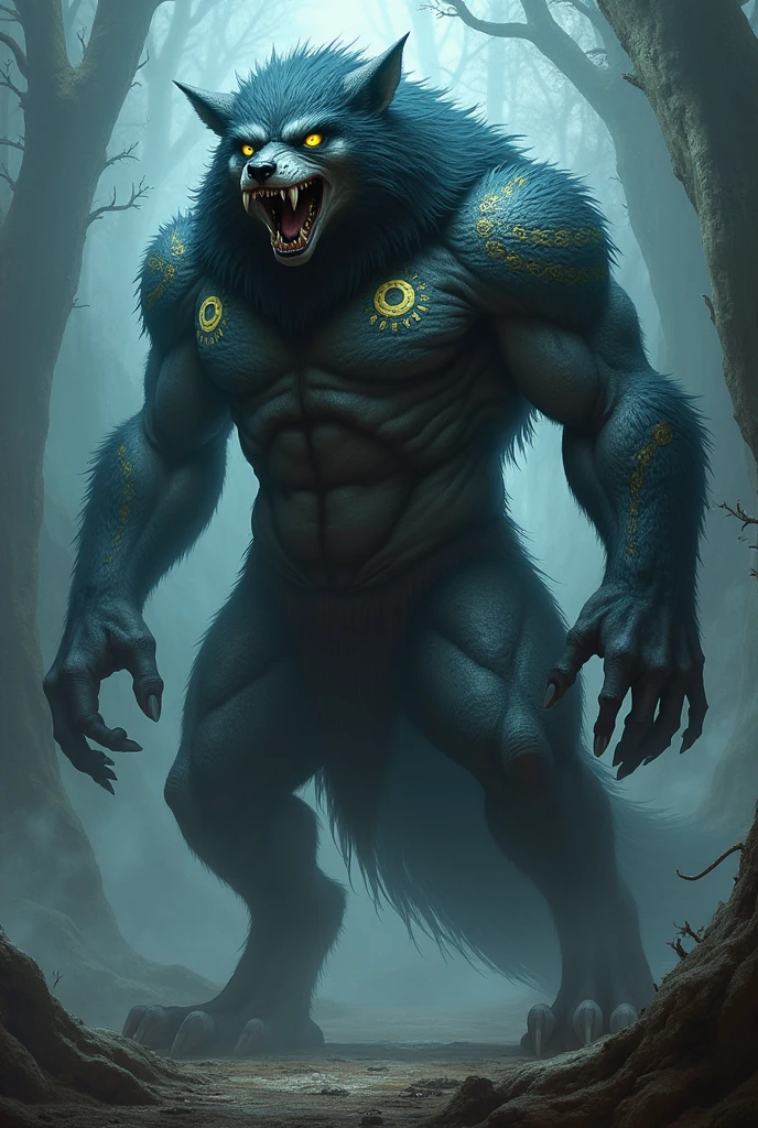 "Create an image of a powerful monster known as the Dreamhowler. This monster is a hybrid between a human and a wolf, standing about 2.5 meters tall. The head of the monster should resemble a fierce wolf, with glowing yellow eyes and sharp teeth. The body is muscular and covered with thick, dark fur, which may have intricate patterns, increasing the energy radiating from both the left and right sides of the back. The monster may have intricate magical symbols on its skin, such as intricate circles. The monster should emit an aura of fear and grandeur, reflecting the control of nightmares and dreams."