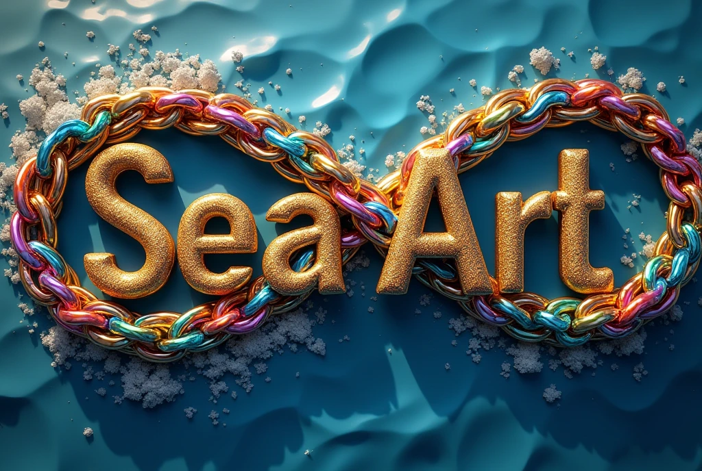 Super realistic, the first line words "SeaArt" written in Gold chains, the second line words Cursive fonts "INFINITY" written in Metallic Rainbow chains, The background shows SeaART Infinity acting as a chain connecting creators and artworks.