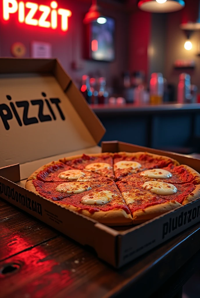 A square image for a CD cover. In 80's hard rock style. In a rock bar, a table in front with a half-open mozzarella pizza box, missing some slices and cheese dripping. Na tampa da caixa da pizza uma logo with the nome: "pizzit", with the "pizz" minuscule eo "it" capitalized ending.