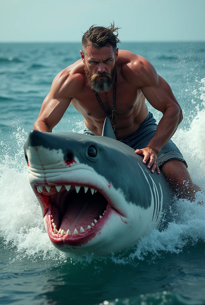 Strong light-skinned man who fought the shark by riding a tiger shark with blood and wounds, The man's face should be very clear and he should have a slightly grown beard and should be in portrait form.