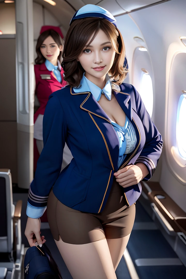 8K, of the highest quality, Intricate details, Ultra Detail, Ultra High Resolution, masutepiece, Smile, (fluffy brown eyes), 1womanl, Solo, 35 years, (Full Stewardess Uniform:1.4), braless, Standing, ((Beautiful face)), (wavy short hair), (Detailed face), Detailed lips, Detailed face, Detailed chest, (slim body), (medium breasts), cleavage, detail, Perfect body, (Cowboy Shot), (Background: in an airplane),