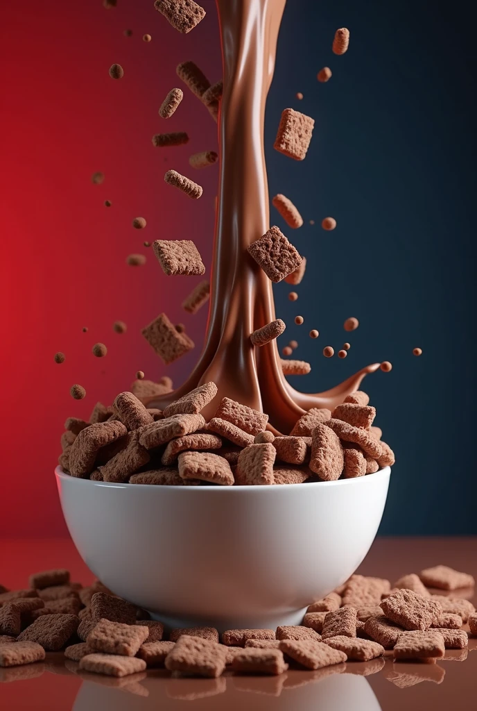 It shows a crunchy cereal of chocolate flakes combined with milk falling into a bowl on a red and dark blue background:0.8
