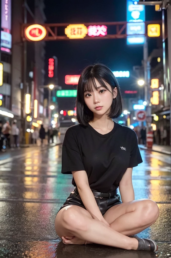 A photo-realistic, high-resolution masterpiece featuring a beautiful Japanese woman, who is a university student, sitting cross-legged on a neon-lit street in Shibuya at night. She has straight, short black hair and is dressed in trendy street fashion, blending seamlessly with the vibrant urban environment. The scene captures the energy of Shibuya's nightlife, with the colorful neon signs reflecting off the wet pavement, while the woman's confident and relaxed posture adds a striking contrast. The image should be in 8k quality, highlighting the intricate details of both the woman's fashion and the dynamic cityscape.(((High resolution image taken by the world's top professional photographer with SONY α7 III, FE 16-35mm F4 ZA OSS, details. Cute Japanese model idol))) (Actress).The photo is ultra-realistic, with film color grading, detailed features, and film grain. Full body photo. Stunning face. Symmetrical eyes. Natural makeup. perfect shading. Very detailed. (Masterpiece, highest quality: 1.4). 128k. High resolution. Raw photo. Realistic photo. Glossy skin. Fine skin. Detailed face. Fine eyes. My hair is thin. Detailed background.The photo has a cinematic tone and detailed features, with a touch of film grain to enhance the artistic and textured effect.-- No minimum quality, low quality, normal quality, low resolution.