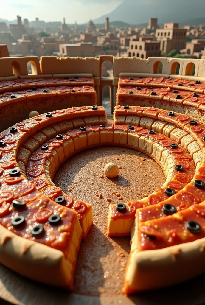 I need several images of the Roman Coliseum made with pizzas