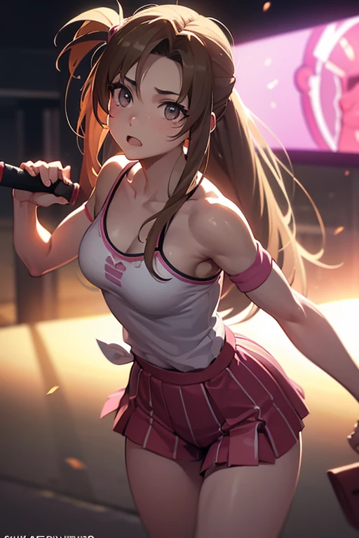 Striped undressed Final Fantasy VII Aerith covered in pink slime A female baseball player wearing pink striped uniform, swinging bat with full force, detailed facial features, muscular body, dynamic action pose, cinematic lighting, golden hour lighting, dramatic shadows, photorealistic, hyperrealistic, 8k, best quality, masterpiece, ultra-detailed, highly detailed, vivid colors, volumetric lighting, depth of field, motion blur, cinematic composition