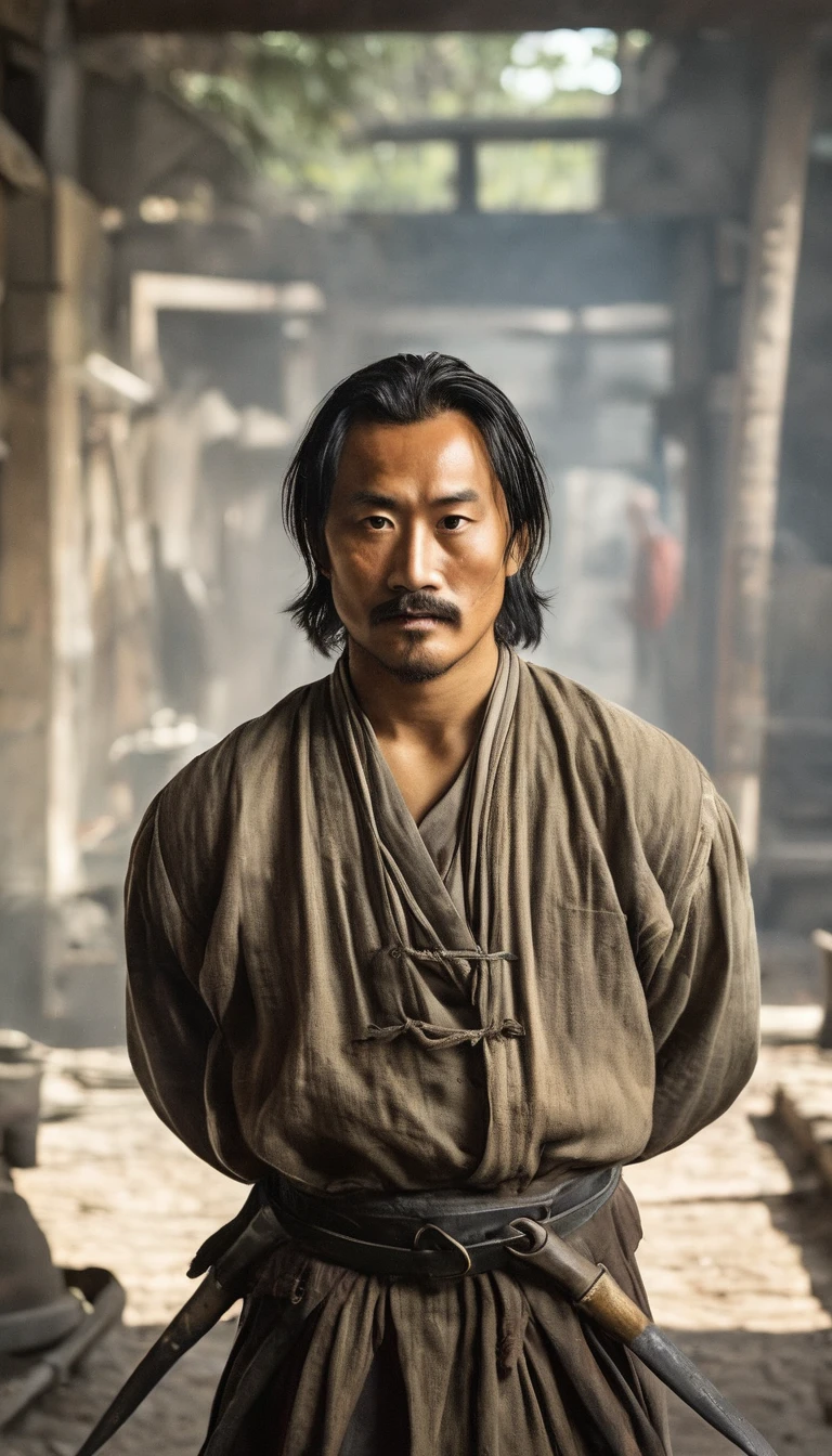 image of a prisoner at the time of imperial china where guards cut their hair with, darkness background, hyperrealisti, ultra detailed hyperrealisti, photorrealistic, studio lighting, Reflections, dynamic pose, cinematic, color grading, fot, Shot with a 50mm lens, Ultra-wide angle, Depth of field, 超detailded, beautifully color-graded, 8k
