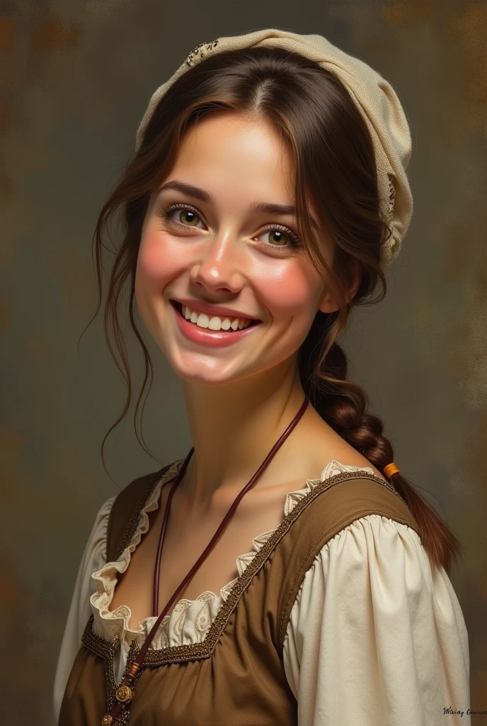 What Indiana Jones&#39; face would look like, being a woman, in peasant clothing, of Polish origin in the Middle Ages (a happy face)
