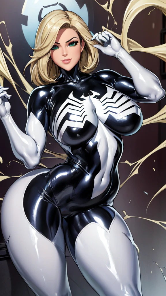 ,best high grade masterpiece quality, ultra detail, short side parted tucked to the side asymmetrical smooth straight bob hair green eye cute gorgeous looking woman wearing black&white viscous liquid symbiote suit, no wrinkles, bodysuit, spider-girl, skin tight, sexy (La mejor calidad detallada:1,6) lado largo y fino con raya metida hacia un lado cabello liso y liso en una cola de caballo peinado mujer traje de spiderman ajustado (with long white latex boots and with long white latex gloves) with spider emblem and completely masked, Stable Diffusion,_model_femenino,