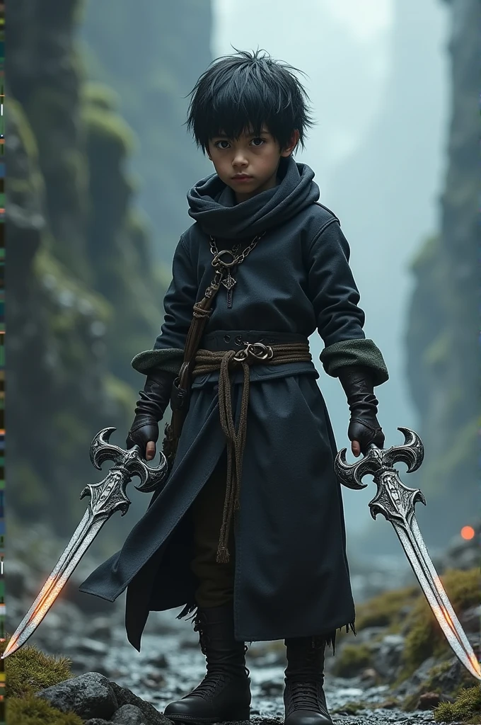 Boy with human body, dark hair, black eyes, two swords with demon characteristics