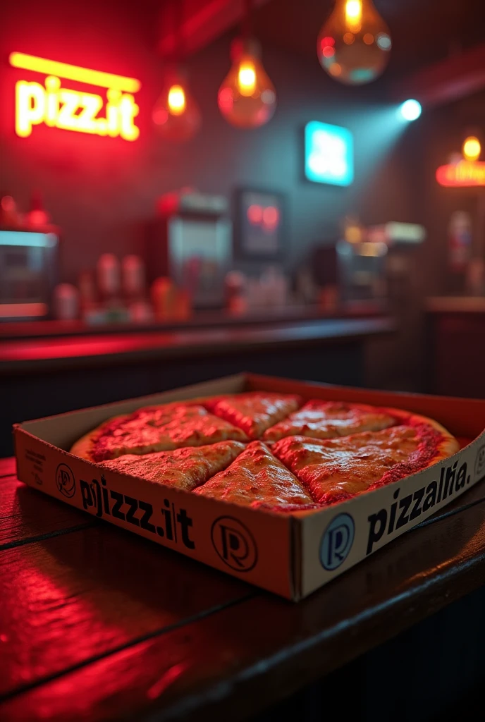 A square image for a CD cover. In 80's hard rock style. In a rock bar, a table in front with a half-open mozzarella pizza box, missing some slices and cheese dripping. On the lid of the pizza box there is a logo with the name: "pizz.it".