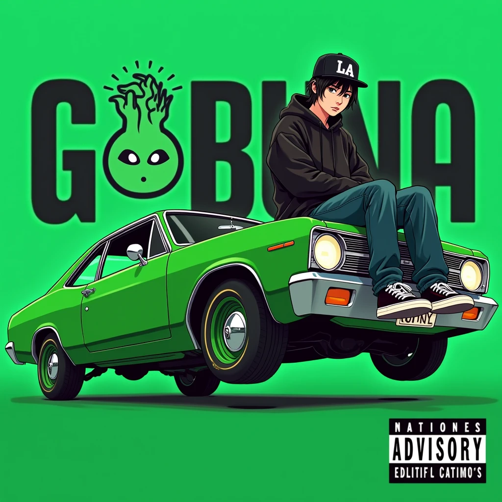 Image of a man sitting on the bonnet of a car, Yoshihiko Wada's album cover, winner of the behance contest, Doodle, official artwork, rap album cover, hip - hop album art cover, colored album art, hip hop music album cover, rap album cover art, official fanart, GTA Cover, hip hop album cover, album art cover, G-FUNK Hip Hop album cover, green background, green car, with the words 'If WONA behemes a gangster' on the back of the picture, an Asian ager wearing a black LA hoodie, a black LA ball cap with a deep press and a wide pair of jeans down, a troublemaker boy sits on the bonnet of a car and lets the car out to the side