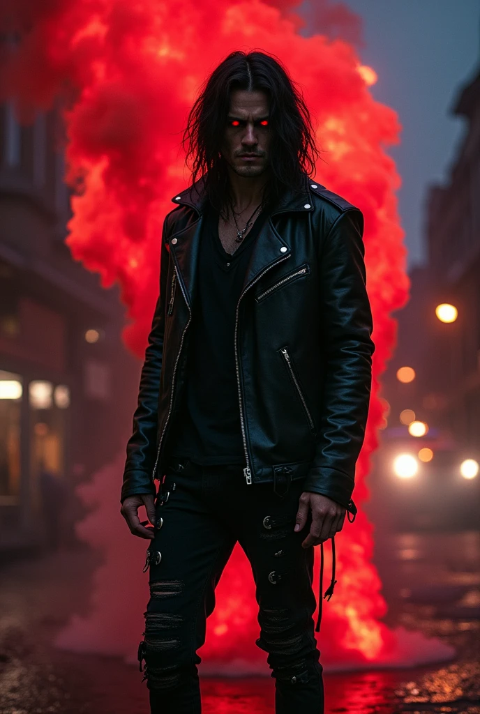 Man with long black messy hair down to the shoulder , black rock pants and a leather jacket. He red eyes,  and behind it there is a flaming red smoke in the shape of an angry wolf.  He walks the streets at night in the city 