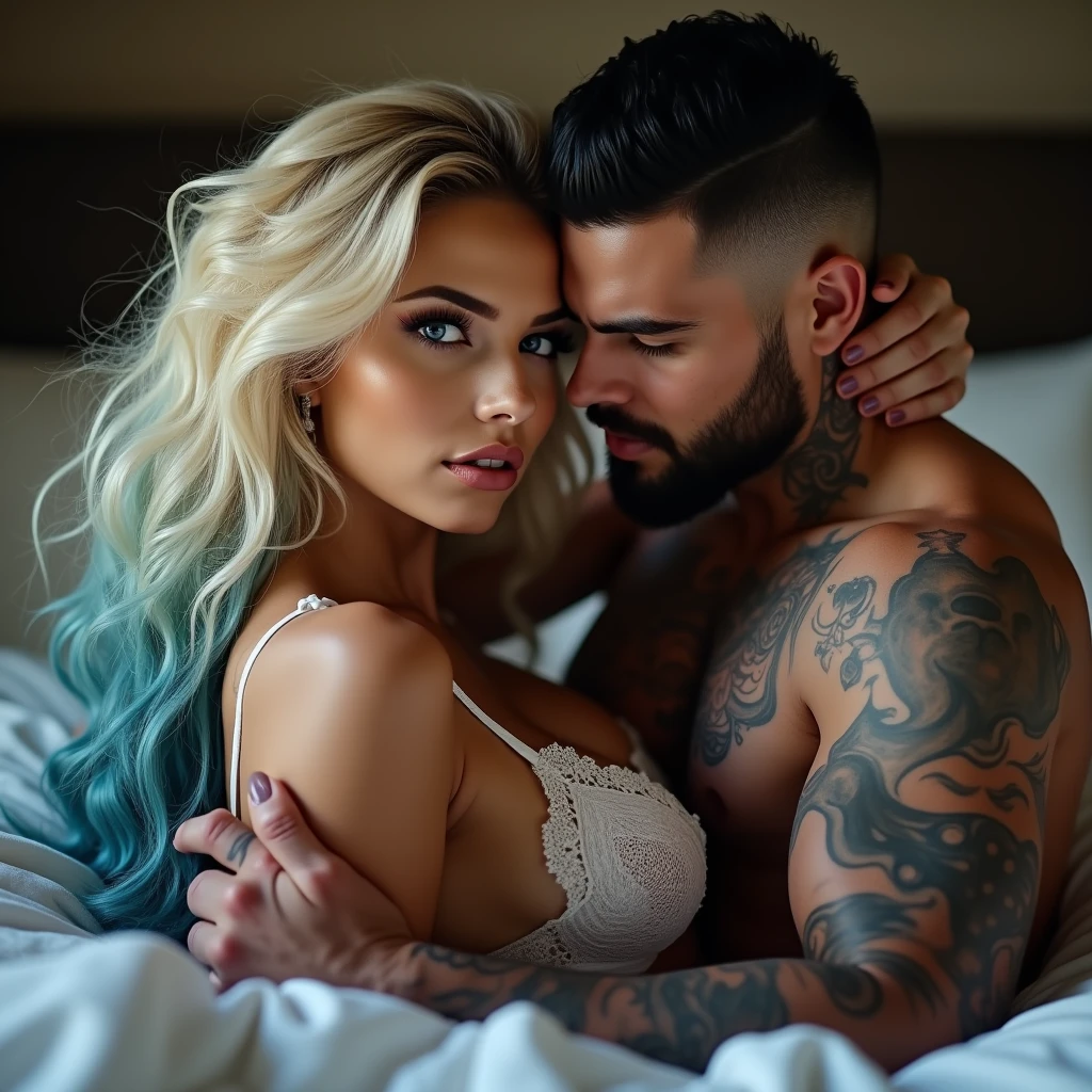 High resolution, multiple views, vivid, hd, zoomed out, a gorgeous smiling, Caucasian woman, long blonde hair with blue hair ends, blue eyes, beautiful makeup and contour, tattoos, big breasts, seductively making out on a bed, wearing lace lingere, kissing a handsome white man with jet black hair with skin fade, short black beard, tattoos, hickies on neck, blue eyes, athletic build, muscles